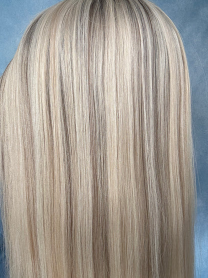 Sarah HD Lace Top 24" Long, European Human Hair Wig,  Platinum Blonde (S)