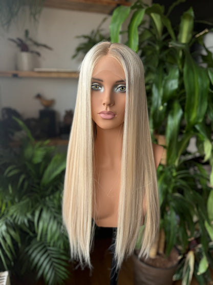 Sarah HD Lace Top 24" Long, European Human Hair Wig,  Platinum Blonde (S)