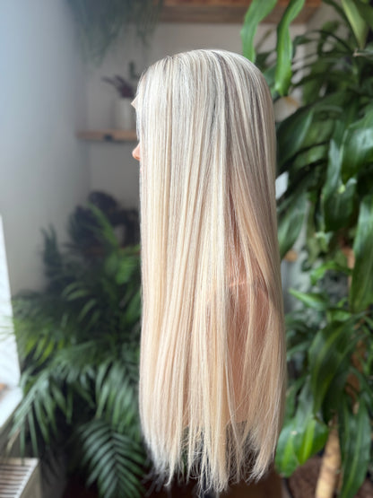 Sarah HD Lace Top 24" Long, European Human Hair Wig,  Platinum Blonde (S)