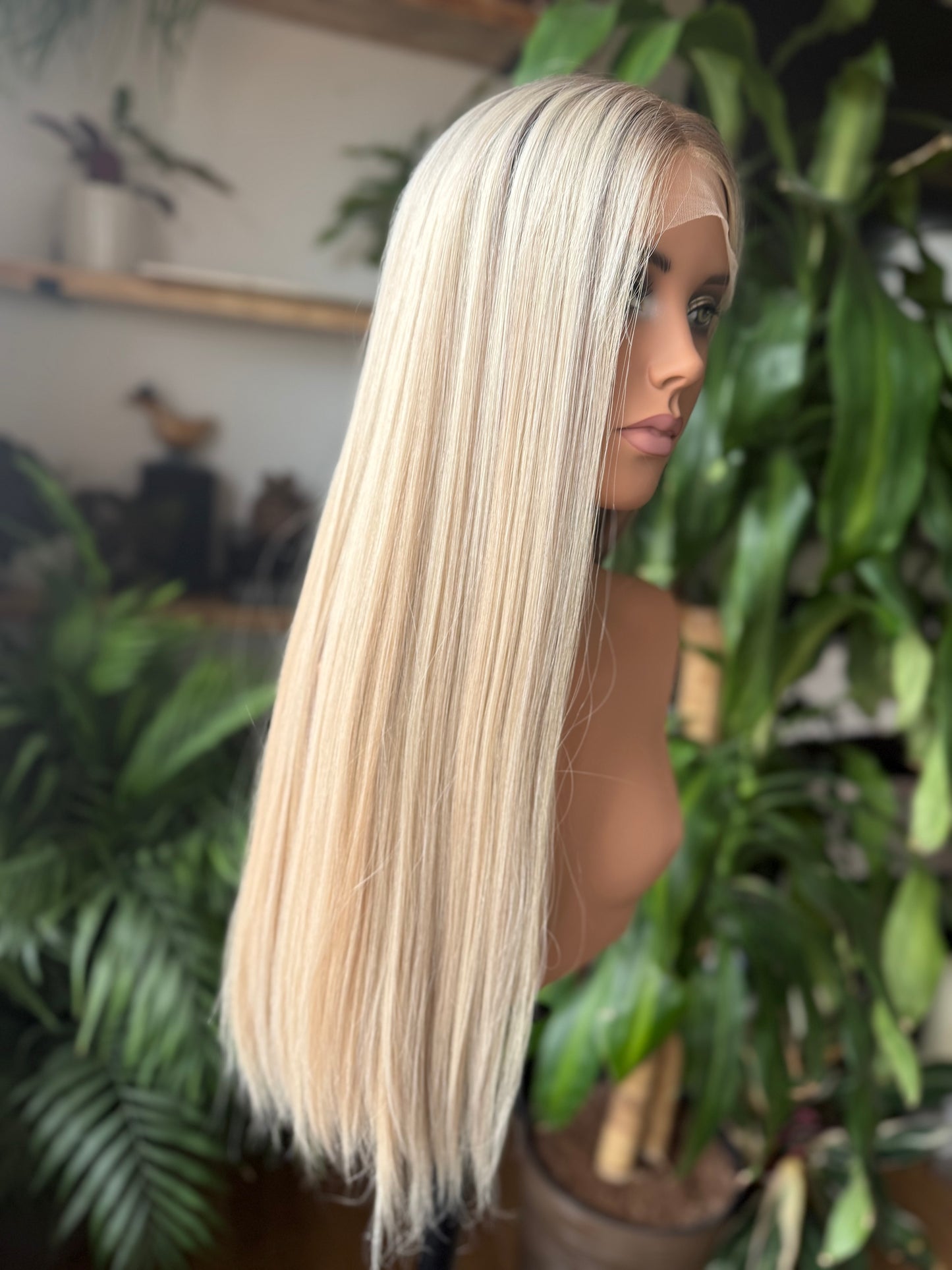 Sarah HD Lace Top 24" Long, European Human Hair Wig,  Platinum Blonde (S)