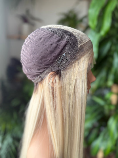 Sarah HD Lace Top 24" Long, European Human Hair Wig,  Platinum Blonde (S)