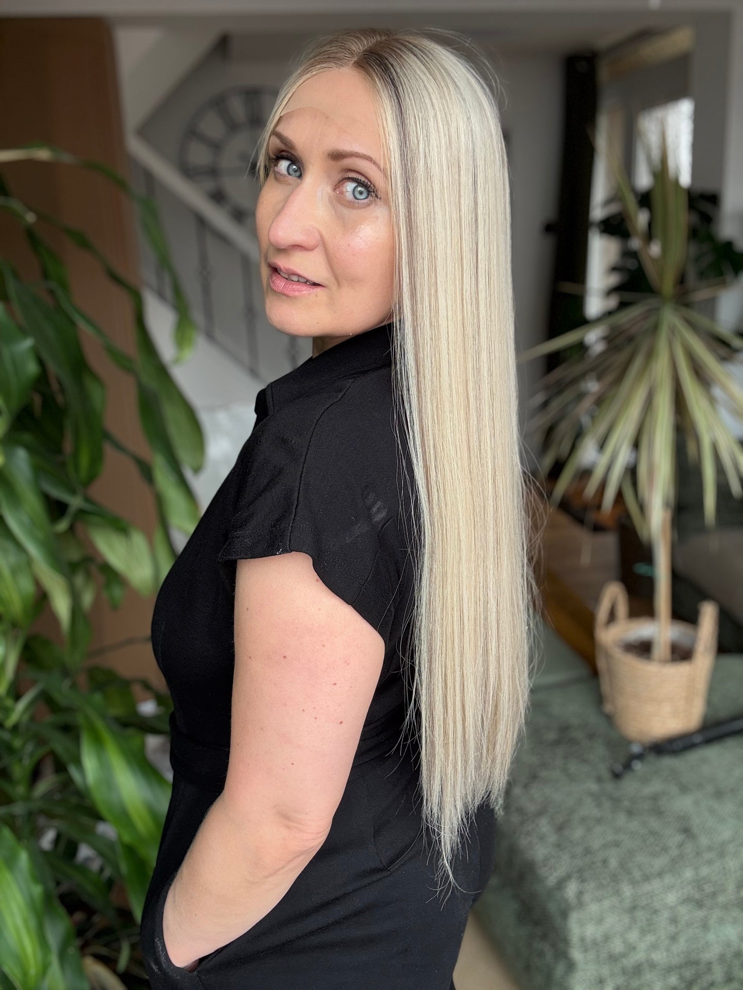 Sarah HD Lace Top 24" Long, European Human Hair Wig,  Platinum Blonde (S)