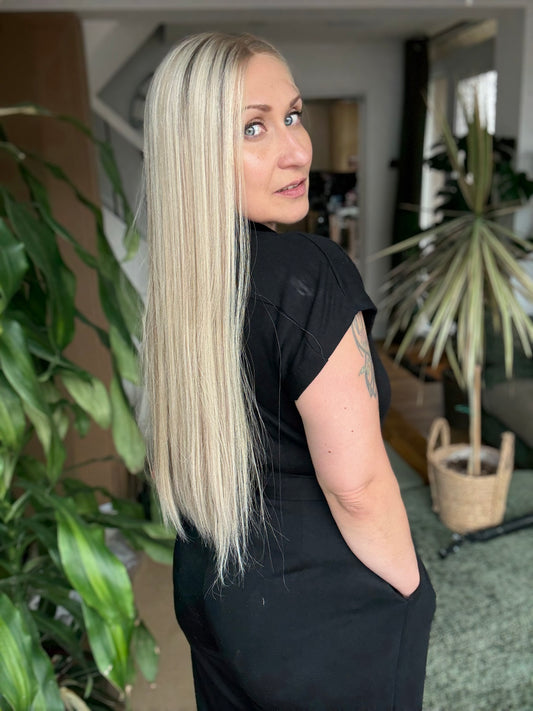 Sarah HD Lace Top 24" Long, European Human Hair Wig,  Platinum Blonde (S)