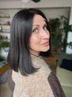 Keira 12 inch long remy human hair wig featuring naturlal looking lace front and multi directional parting lace top.