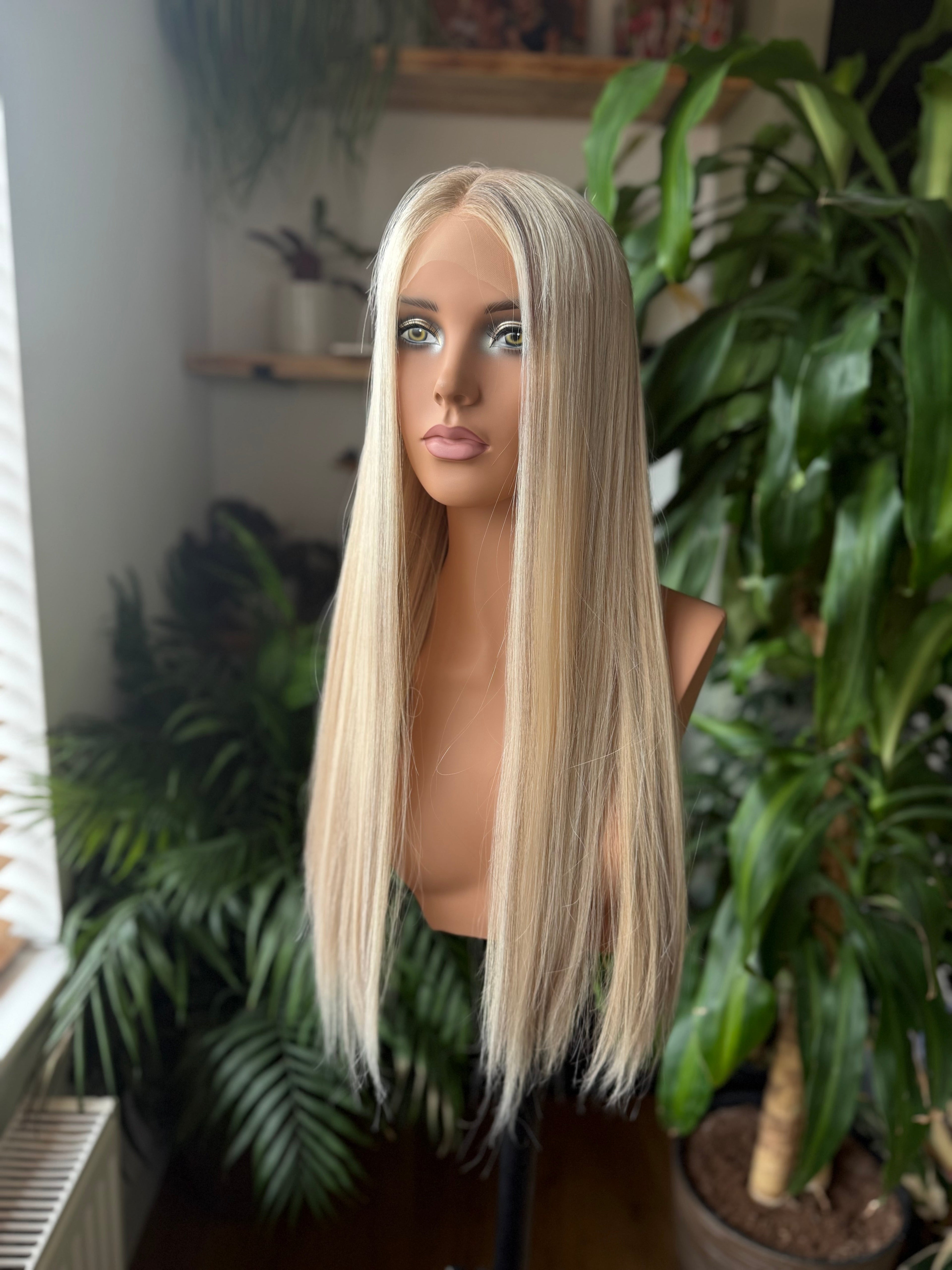 Sarah HD Lace Top 24’’ Long European Human Hair Wig Platinum Blonde (S) - #C60HL12 Platinum Blonde Rooted - Human Hair