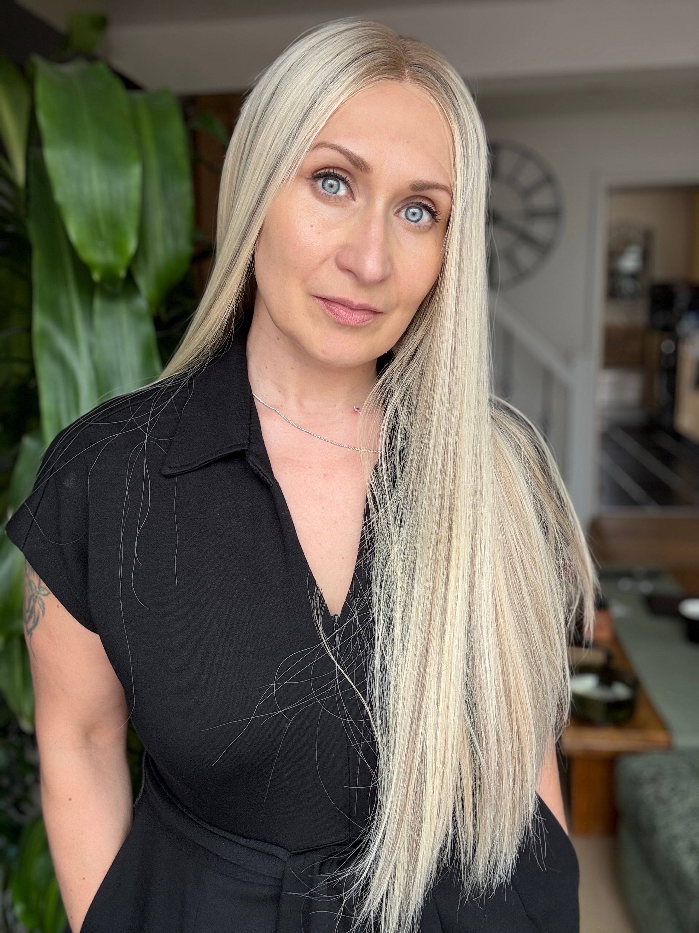 Sarah HD Lace Top 24’’ Long European Human Hair Wig Platinum Blonde (S) - #C60HL12 Platinum Blonde Rooted - Human Hair